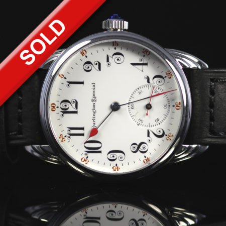 Very Rare Burlington Special, fancy enamel Dial with rare 19 jewel "swan neck" movement